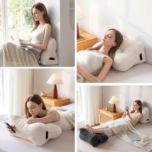 Beige Reading Pillow for Sitting in Bed - Ergonomic Lumbar Support Cushion