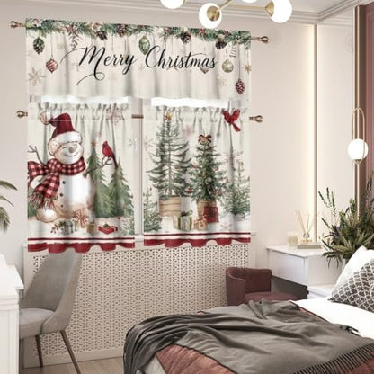 Christmas Snowman Kitchen Curtain Set with Valance and Panels - Variation of Xmas Snowman Cardinal / 27.5"W x 24"L