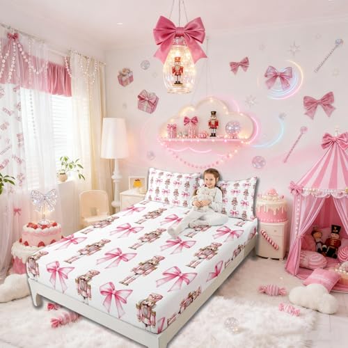 Kids Twin Fitted Sheet Set - Pink White Christmas Nutcracker Design, 39x75"
