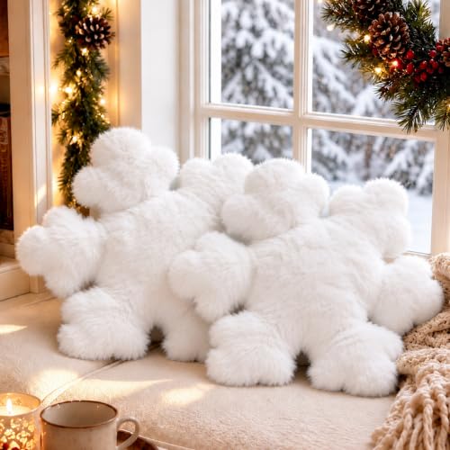 Faux Snowflake Christmas Throw Pillows - Set of 2, White, 17.7 Inch