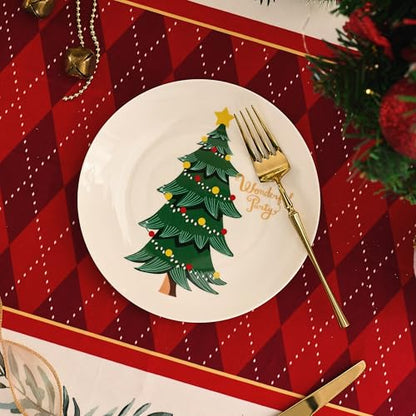 Christmas Plates Set of 6 - 8 Inch Bone China Holiday Tree Dessert Plates - Microwave & Dishwasher Safe - Gift for Family