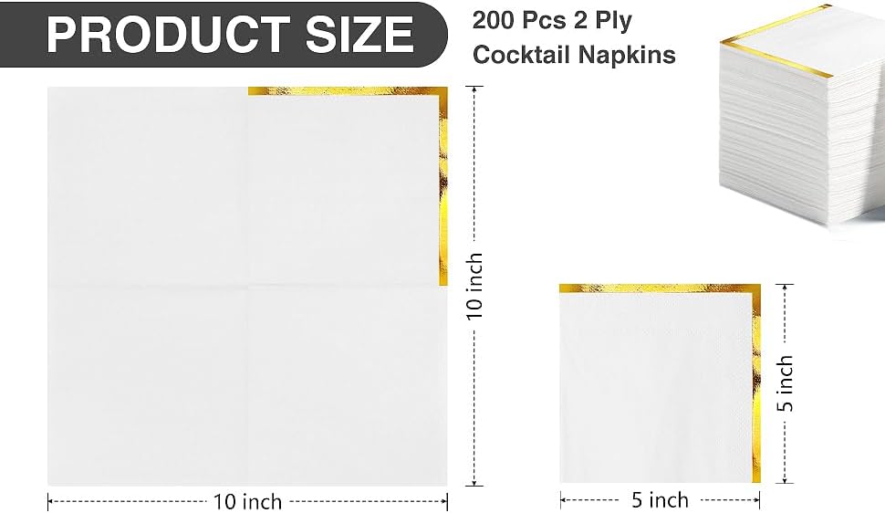 Regine Switzerland Cocktail Napkins - 200 Pcs 2-Ply White with Gold Trim - Elegant Disposable Beverage Napkins for Weddings & Events