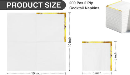 Regine Switzerland Cocktail Napkins - 200 Pcs 2-Ply White with Gold Trim - Elegant Disposable Beverage Napkins for Weddings & Events