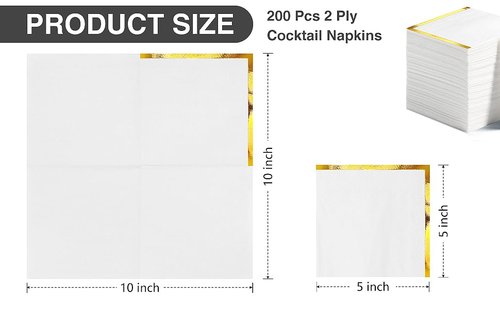 200 Pcs Cocktail Napkins 2 Ply White Napkins with Gold Trim Gold Foil Beverage Napkins Dessert Disposable Decorative Cocktail Napkin Paper for Wedding Birthday Anniversary