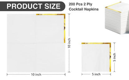 200 Pcs Cocktail Napkins 2 Ply White Napkins with Gold Trim Gold Foil Beverage Napkins Dessert Disposable Decorative Cocktail Napkin Paper for Wedding Birthday Anniversary