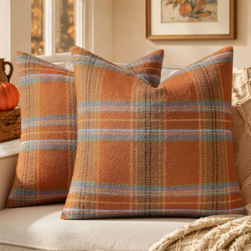 MIULEE Fall Plaid Decorative Pillow Covers Set of 2 18x18 Inches - Orange & Green