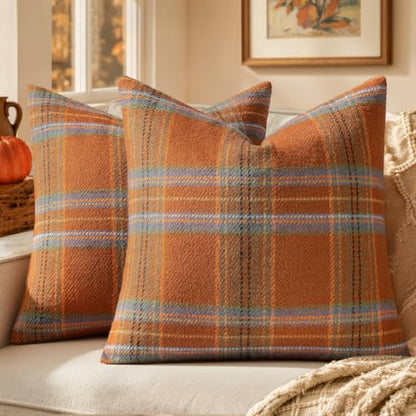 MIULEE Fall Plaid Decorative Pillow Covers Set of 2 18x18 Inches - Orange & Green