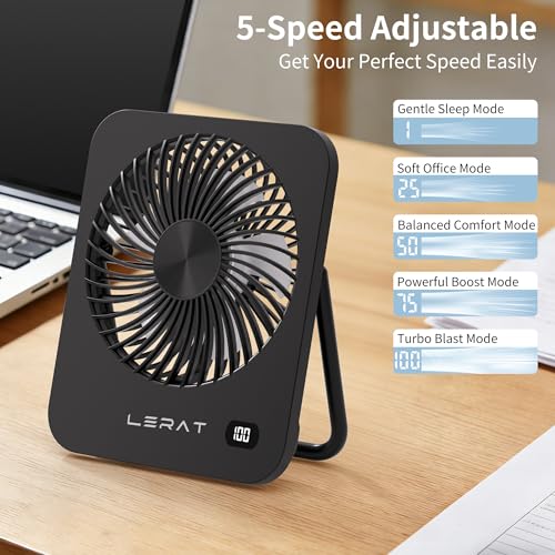 Lerat Portable Desk Fan Black - Rechargeable USB Mini Fan with LED Display, 5 Speeds, Foldable & Ultra-Quiet for Travel & Office
