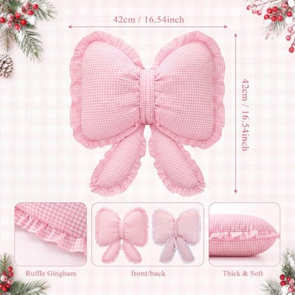 Pink Gingham Bow Pillow Ruffled Plaid Decorative Cushion - Ruffled Variation