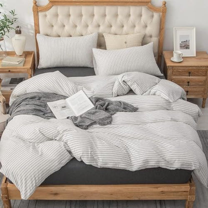 PURE ERA Jersey Knit Duvet Cover Set 100% T-Shirt Heather Cotton Super Soft Comfy Classic Striped Design, with Zipper Closure, Heather Black & White Pinstripe, Queen