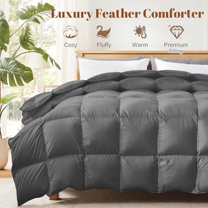 Winter Grey Queen Size Feather Down Comforter - All Season Lightweight Bedding