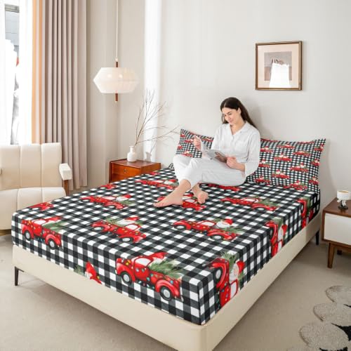 Manfei Buffalo Plaid Gnome Queen Fitted Sheet Set - Christmas Bedding, 16-Inch Deep Pockets