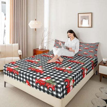 Manfei Buffalo Plaid Gnome Queen Fitted Sheet Set - Christmas Bedding, 16-Inch Deep Pockets