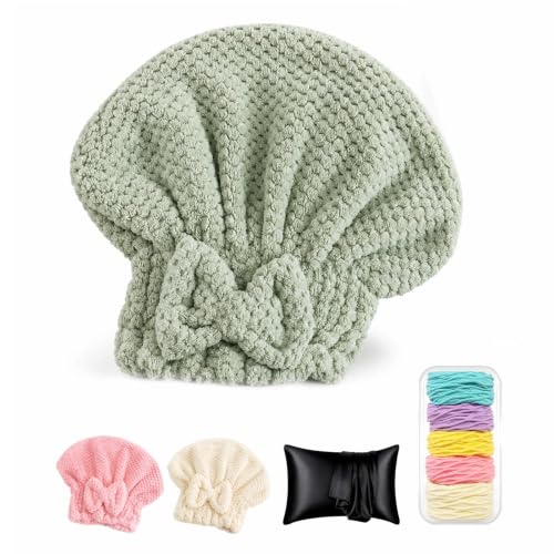 3-Pack Hair Towel Caps with Satin Pillowcase & No-Crease Hair Ties - Hair Care Set