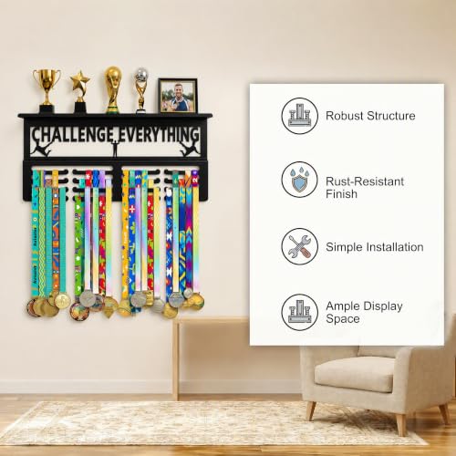 Black Medal Hanger Display & Trophy Shelf, 16 Inch, 4 Rows, Holds 60+ Medals