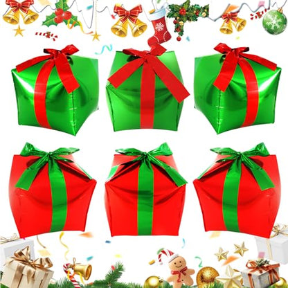 Christmas Gift Box Balloons Set - Red & Green Cube Foil Balloons with Ribbons