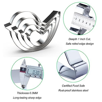 Bird Cookie Cutter Set - 4 Food-Grade Stainless Steel Bird Shaped Cutters
