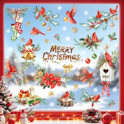 Tanlaby Christmas Window Clings Pine Tree Bird Holiday Decor - Variation: Pine Tree Cardinal Birds