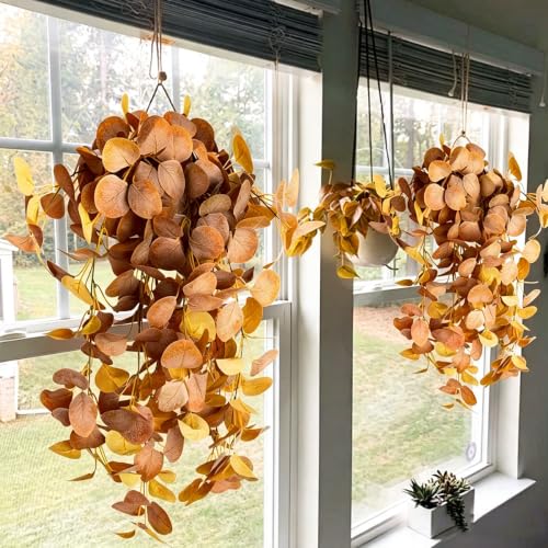 Artificial Fall Eucalyptus Hanging Plants Set of 2 - Orange Autumn Decor