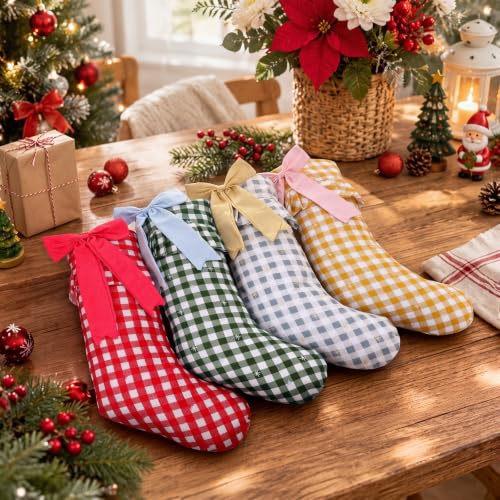 Christmas Gingham Stockings with Bow Set - 18 Inch Holiday Decor, Red, Green, Yellow & Gray