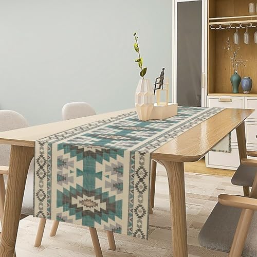 Aztec Table Runner Ethnic Southwestern Navajo Tribal Decor Bluewhite 13x60in
