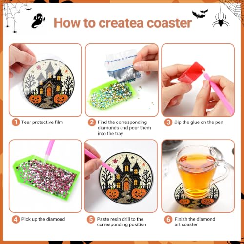 Halloween Diamond Art Coasters Set with Holder - Ghost Pumpkin Black Cat - DIY Wooden Craft Kit - Halloween Decorations & Gifts - Halloween-2