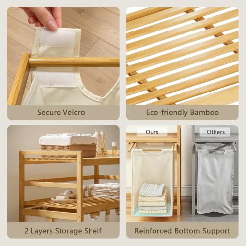 Beige Bamboo Laundry Hamper with 2-Tier Shelf and Removable Bags - 150L Capacity