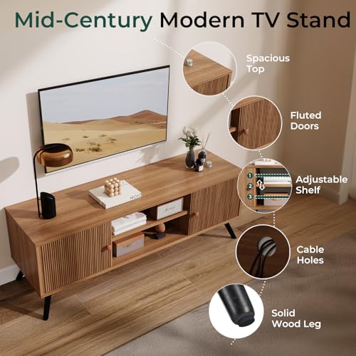 GTPLAYER Cocoa TV Stand for Living Room 55/60/65 Inch TVs Retro Brown Entertainment Center with Fluted Doors & Adjustable Shelves