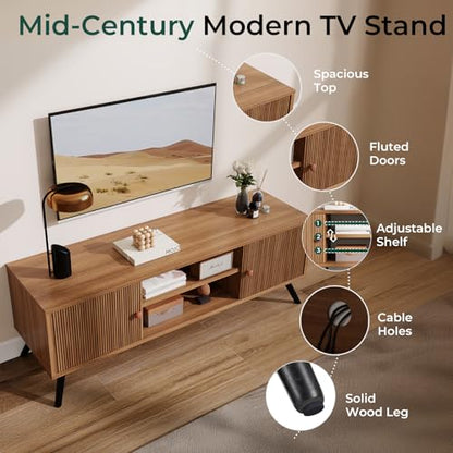 GTPLAYER Cocoa TV Stand for Living Room 55/60/65 Inch TVs Retro Brown Entertainment Center with Fluted Doors & Adjustable Shelves