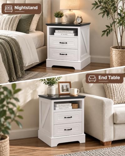 18" Farmhouse Nightstand with Charging Station - White, 2 Drawers | Variation: White / 1