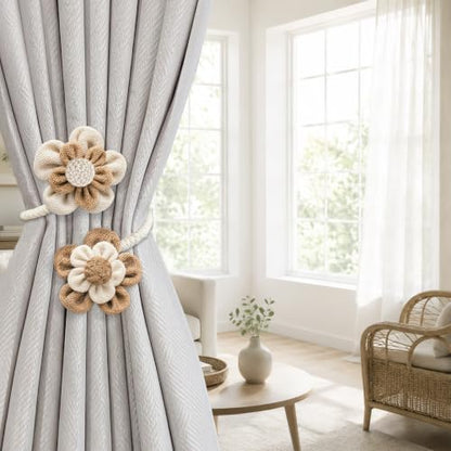 2 Pack Flower Curtain Tiebacks - Linen Cotton Decorative Holdbacks White & Khaki