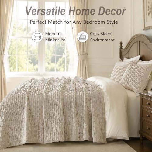 Velvet Queen Size Quilt Set 90x98 Inches Bedding with 2 Pillowcases Beige