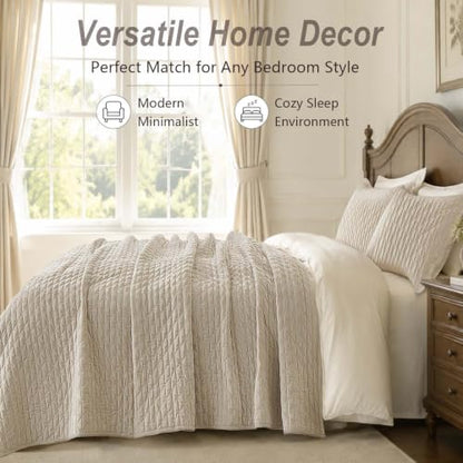 Velvet Queen Size Quilt Set 90x98 Inches Bedding with 2 Pillowcases Beige