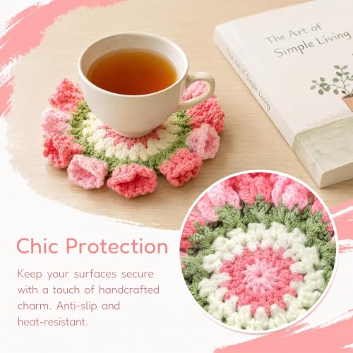 Flower Crochet Coasters Set of 2 with Plant Pot Holder - Handmade Floral Drink Protectors