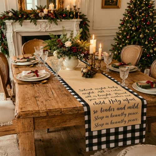 Silent Night Christmas Table Runner Black & White Plaid 25x118 Inches - Holiday Decor
