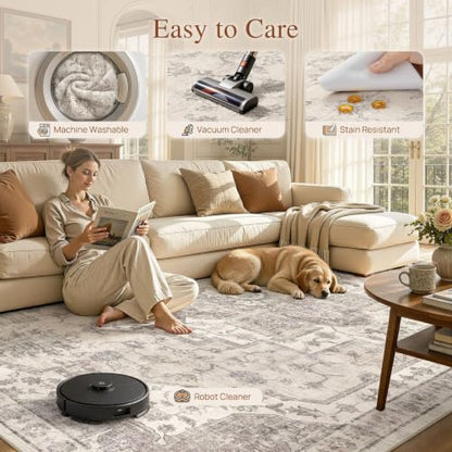 9x12 Beige Vintage Washable Area Rug for Living Room Non Slip Carpet