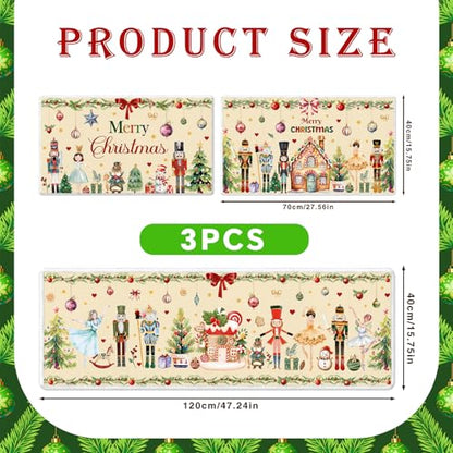 Winter Nutcracker Kitchen Rug Set of 3 - Christmas Holiday Floor Mats, Washable & Non-Slip