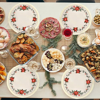12 Pcs Christmas Round Placemats 15 Inch Embroidered Poinsettia Table Mats with Tassels
