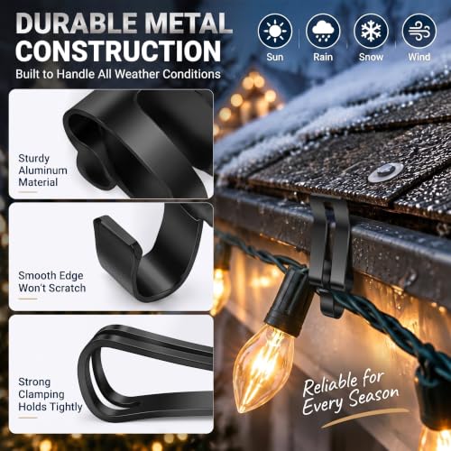 200 Pcs Christmas String Light Hanger Hooks for Gutter & Outdoor Decorations - Heavy Duty Metal Clips