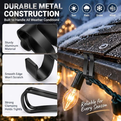200 Pcs Christmas String Light Hanger Hooks for Gutter & Outdoor Decorations - Heavy Duty Metal Clips