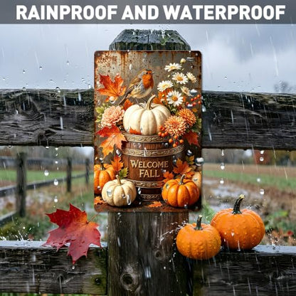 Welcome Fall Tin Sign - Pumpkin Bird Daisy Patio Wall Decor 8x12 - Rustic Autumn Harvest