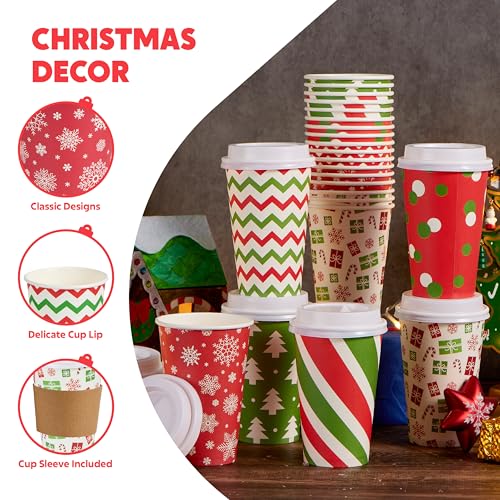 Retro Christmas Disposable Cups Set with Lids & Sleeves - 48 Pack, 16 oz Holiday Drinkware