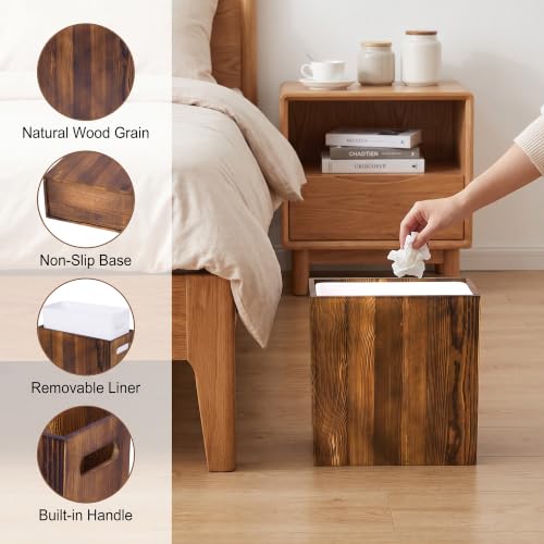 Small Wooden Trash Can with Liner - Acacia 3 Gallon Waste Basket for Small Spaces