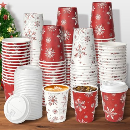 Christmas Snowflake Paper Cups with Lids 12oz - Red, 100 Pack - Holiday Party Supplies