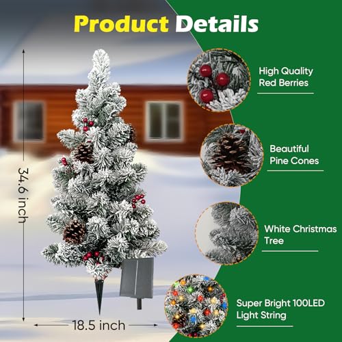 1 Pack Solar Christmas Tree Outdoor Lights with 100 LEDs - 8 Modes, Pine Cones & Berries