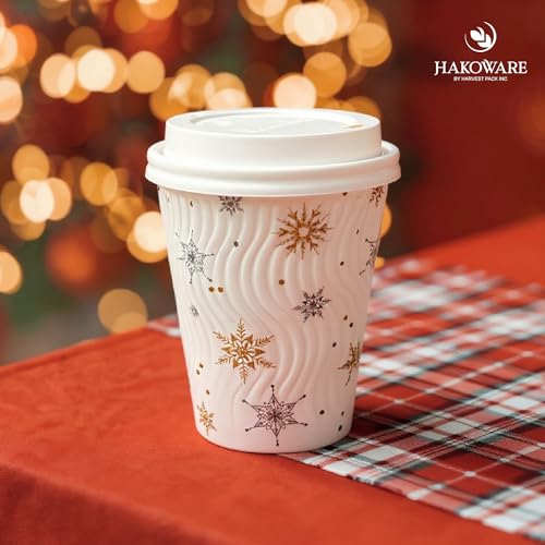 12oz Christmas Disposable Coffee Cups with Lids - Snowflake Winter Design, Pack of 100