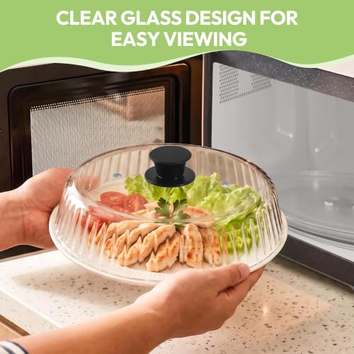 Black Glass Microwave Cover 10 Inch Splatter Guard with Silicone Mat & Vent Holes