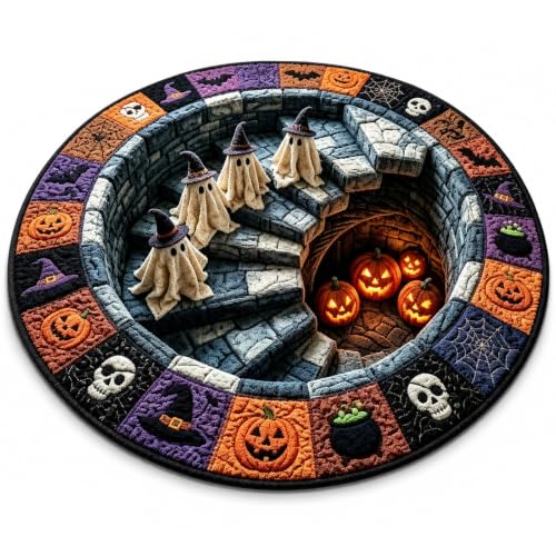 3D Haunted Staircase Round Rug - Optical Illusion Halloween Mat 39.4in Diameter