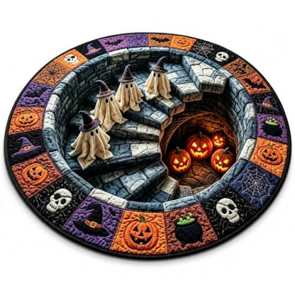 3D Haunted Staircase Round Rug - Optical Illusion Halloween Mat 39.4in Diameter