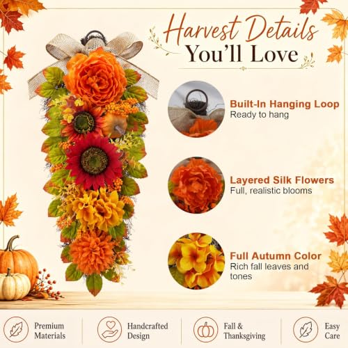 Fall Swags for Front Door - 23.6 Inch Autumn Wreath Set Orange Yellow - 2 Pieces